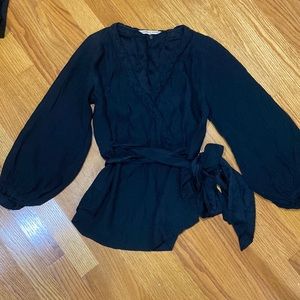 New Rebecca Taylor 100% Silk black wrap tie blouse top shirt